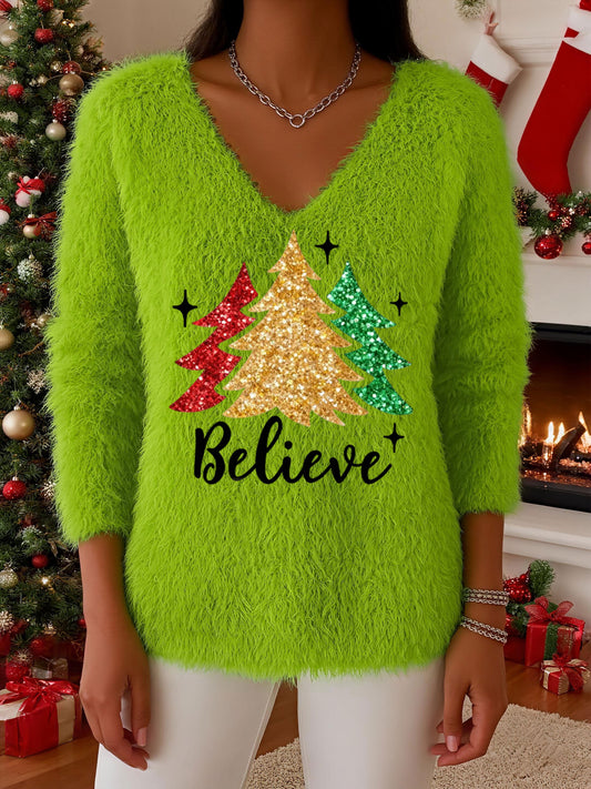 Women's Christmas Green Plush Art T-shirt