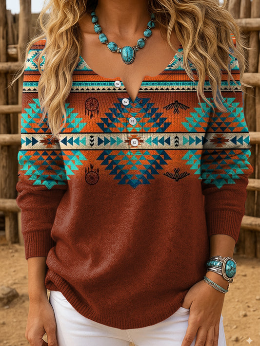 Women's Retro Aztec Art Print Henley Neck Sweater Top