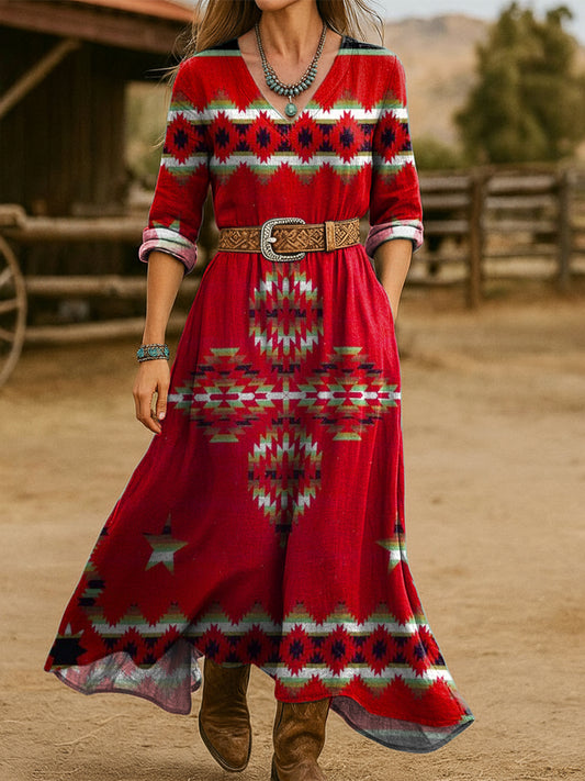 Women's Vintage Aztec Print Cotton Pocket Dress