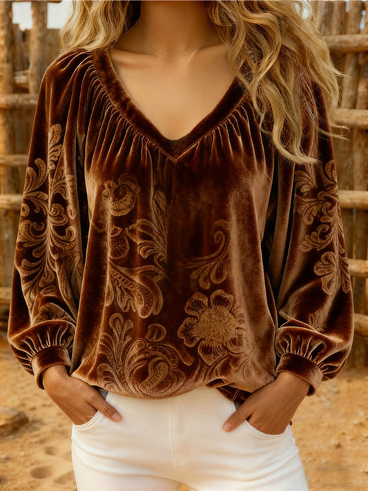Vintage Floral Print V-Neck Velvet Top