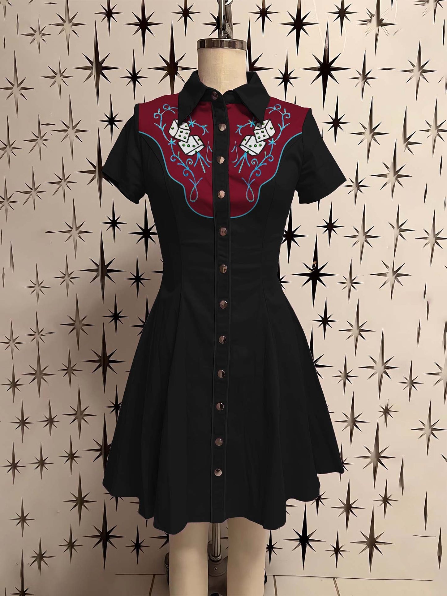 Western 3d Faux Embroidery Dice Printed Shirt Dress