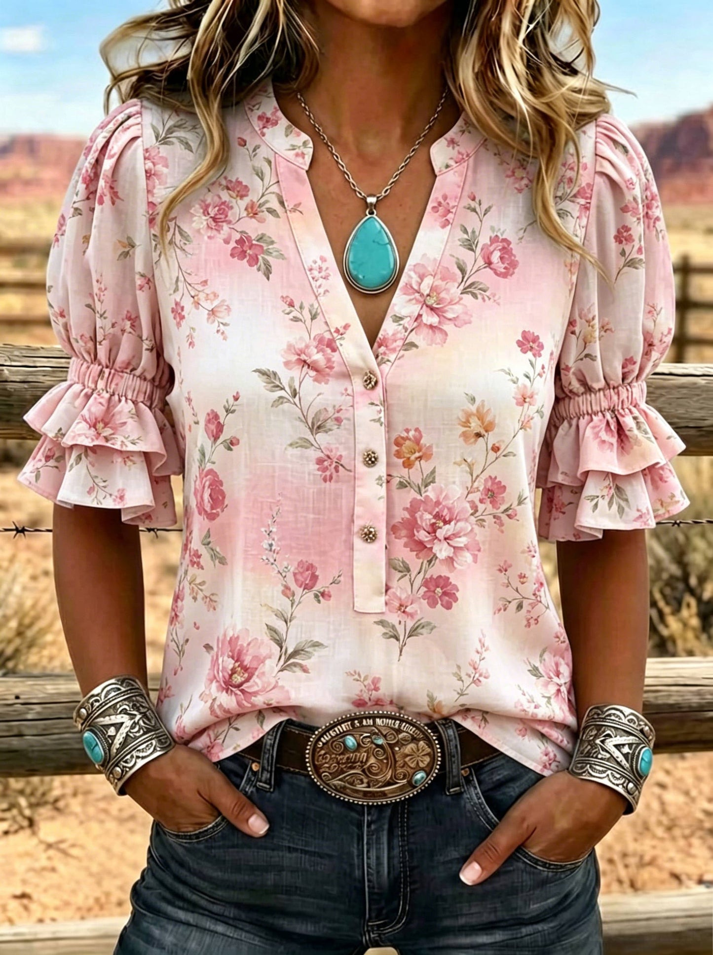 Women's Floral Print Puff Sleeve Casual Shirt