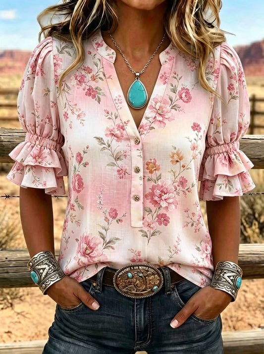 Women's Floral Print Puff Sleeve Casual Shirt