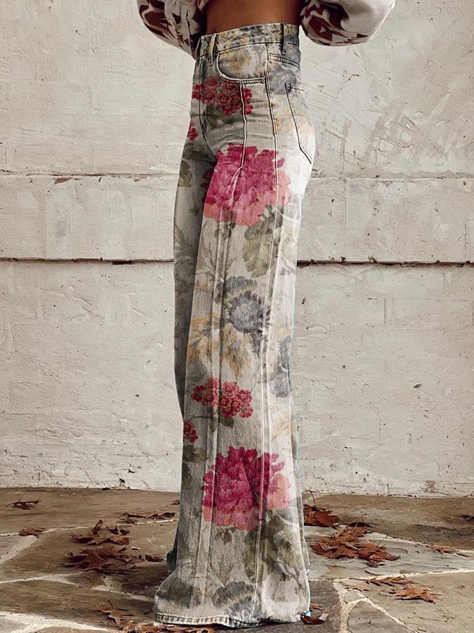 Women's Vintage Botanical Floral Wide Leg Pants