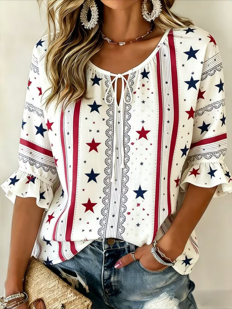 Women's Vintage American Flag Print Patchwork Casual Shirt