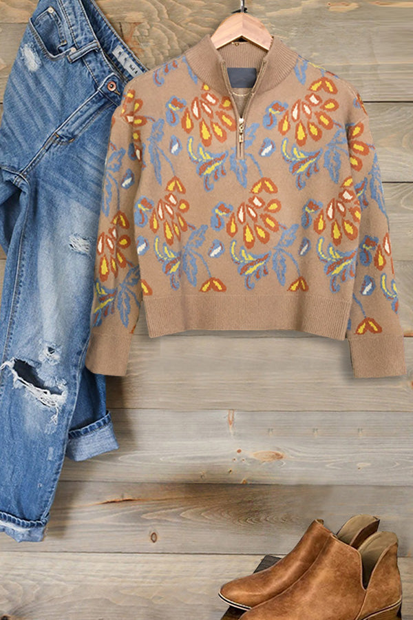 Soft Comfy Floral Quarter Zip Knit Sweater