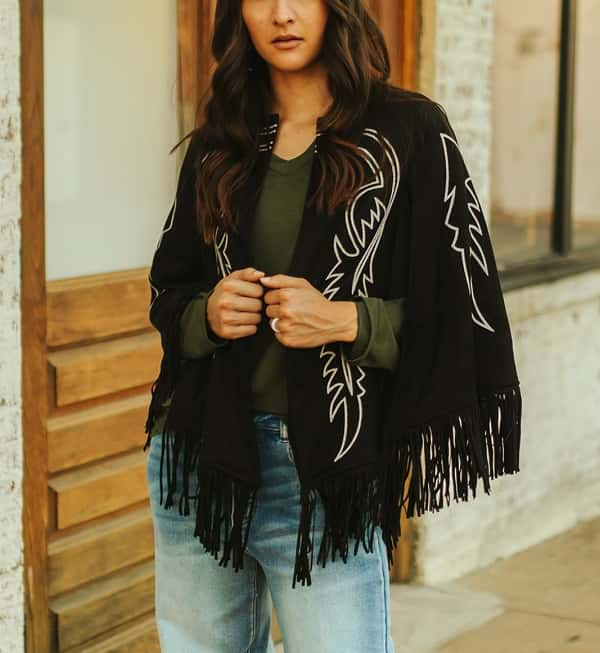 Western Womens  Stitch Embroidered Fringe Suede Cape