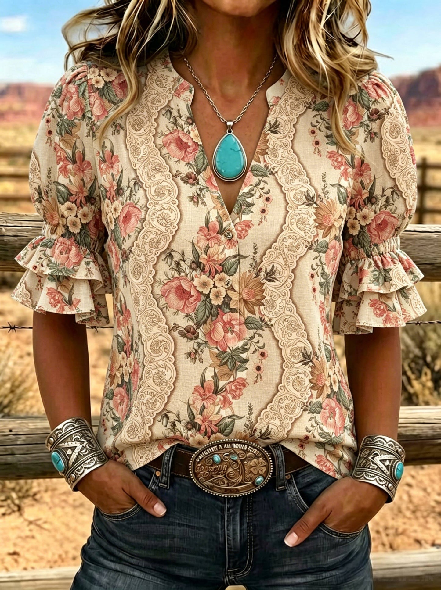 Women's Floral Print Puff Sleeve Casual Shirt