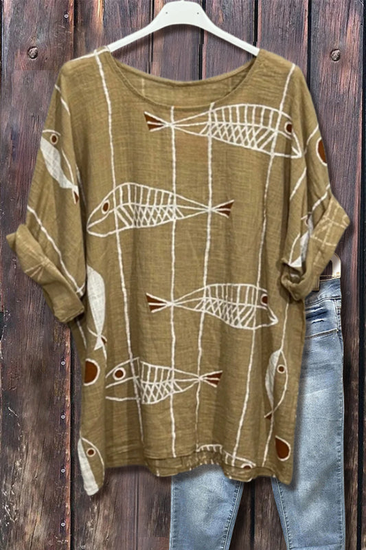 Casual Fish Print Three Quater Sleeve Top