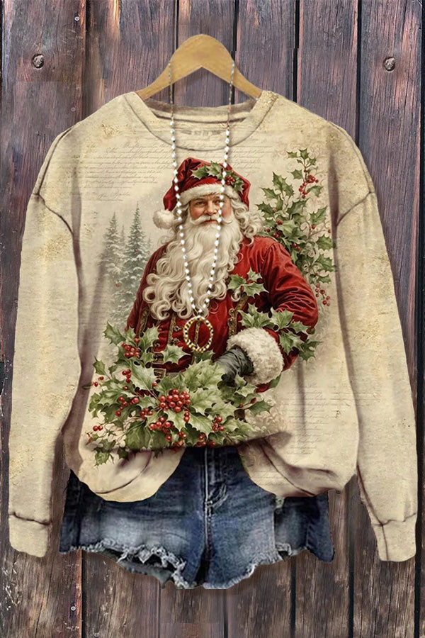 Vintage Santa Claus Print Long Sleeve Sweatshirt