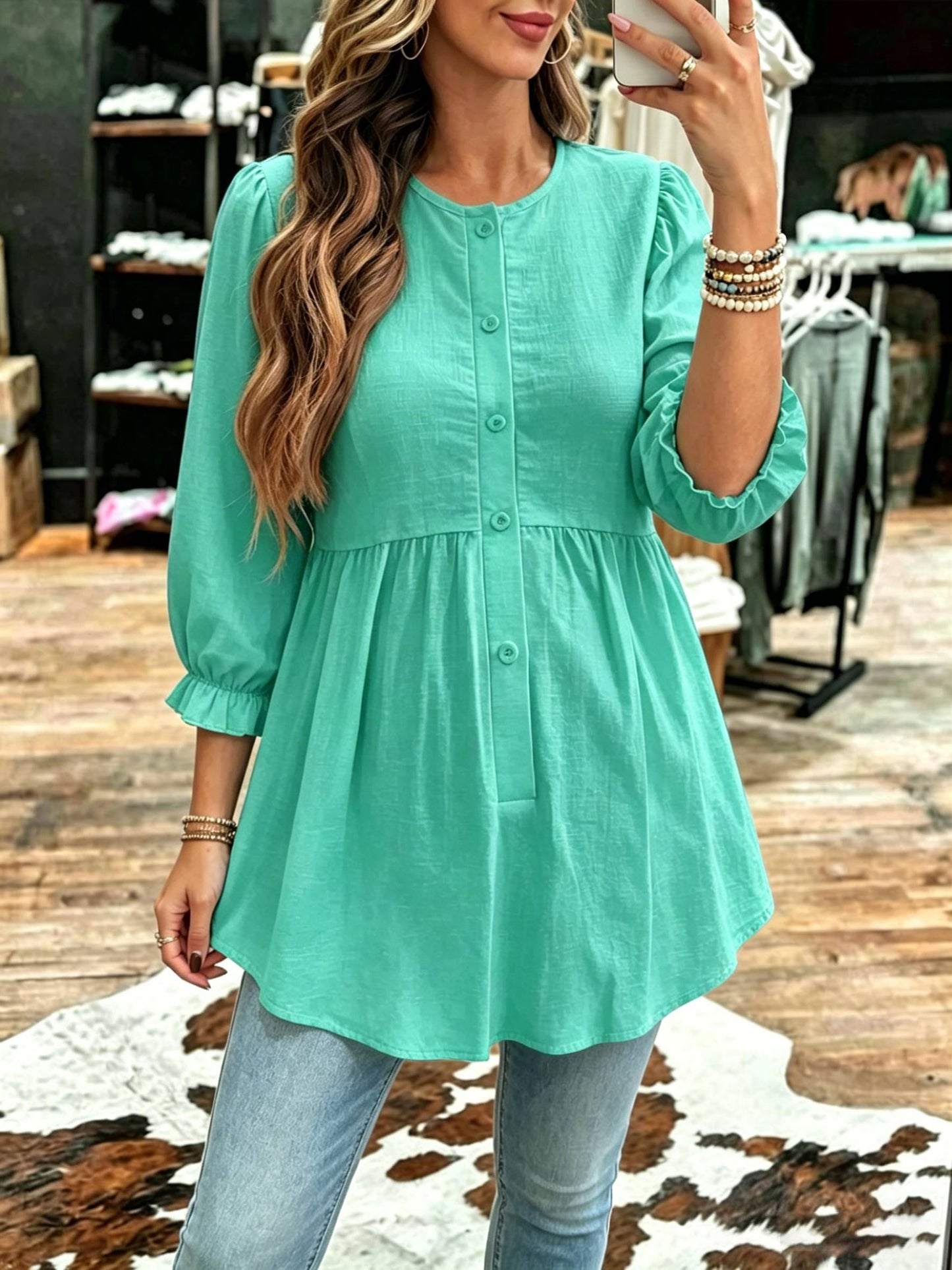 Mint Green Textured Peplum Top With Ruffle Sleeves