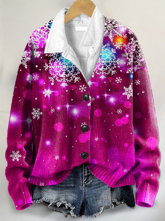 Christmas Snowflake Art Print Buttoned V-neck Cardigan Sweater