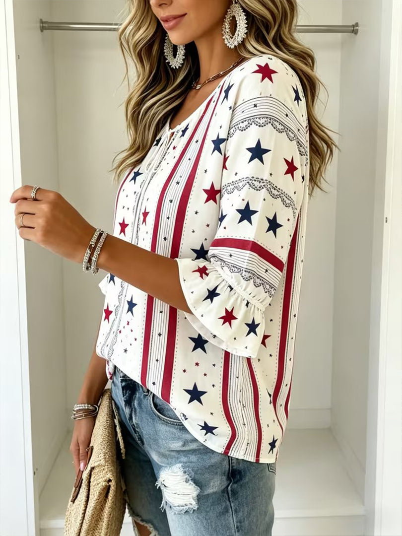 Women's Vintage American Flag Print Patchwork Casual Shirt