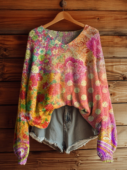 Women's Retro Ethnic Floral Pattern Artistic Print Casual Knit Sweater
