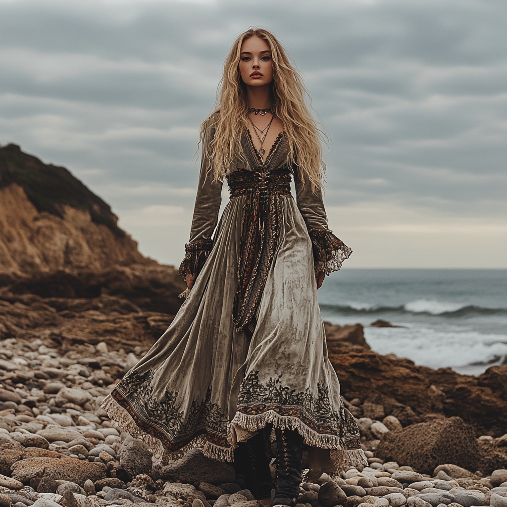 Breezy Bohemian Beach Vacation Autumn And Winter Velvet Ethnic Style Fluttering Dress