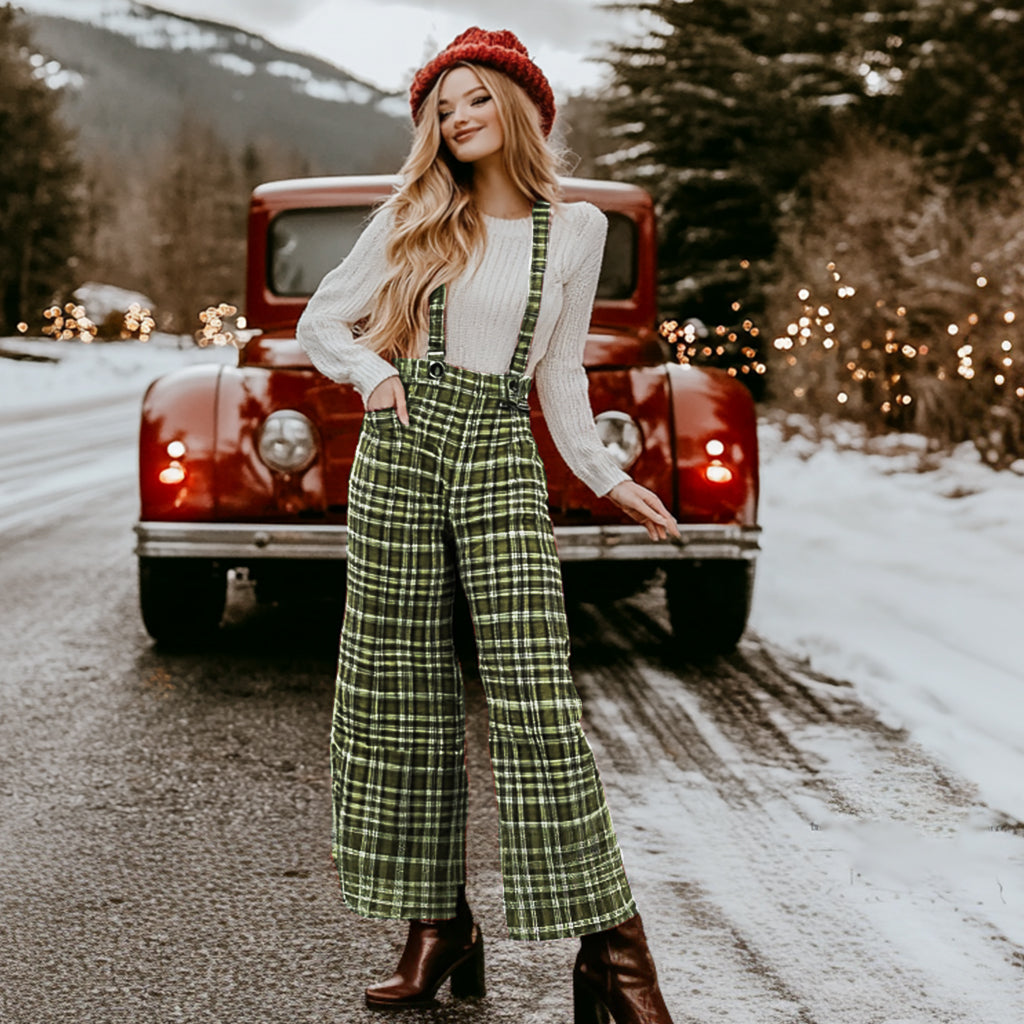 Women Christmas Party Plaid Print Casual Jumpsuit