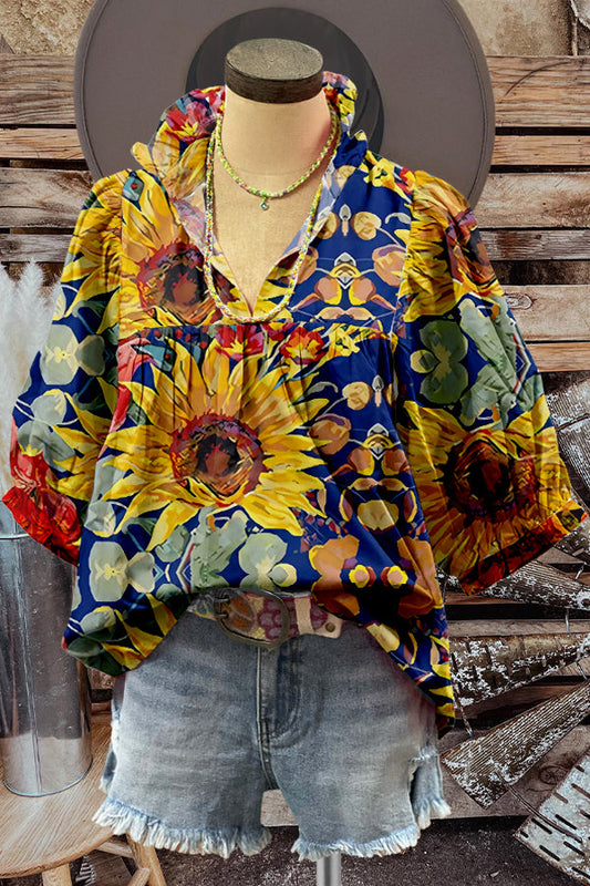 Puff Sleeve Contrast Flower Print Top