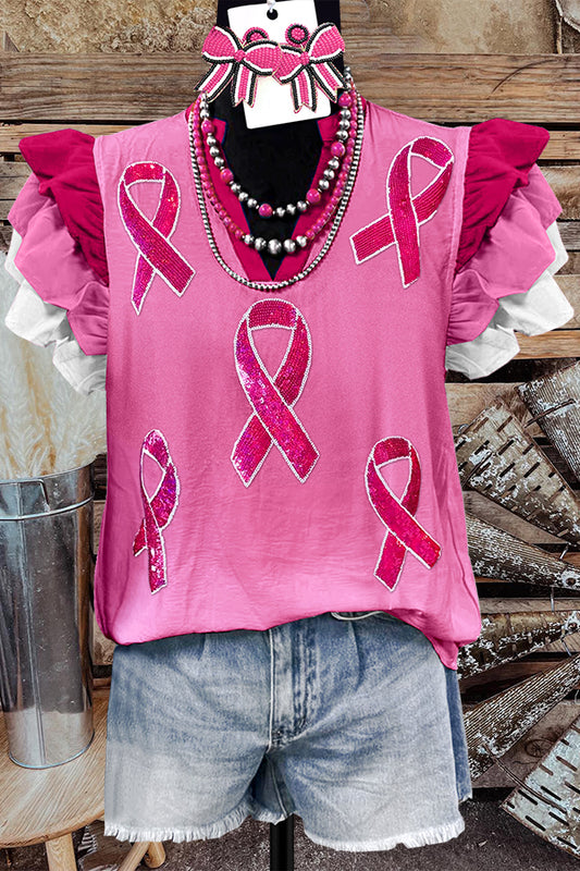 Classic Breast Cancer Awareness Sequin Ribbon Top