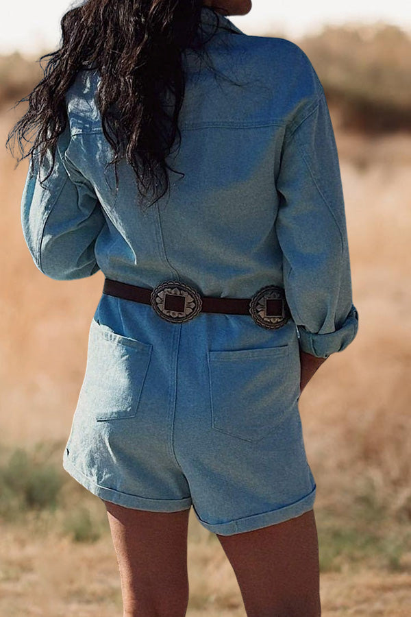 Casual Long Sleeve Denim Romper