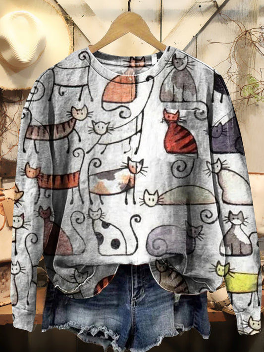 Long-sleeved Sweatshirt with Artistic Print Featuring A Pattern of Small Cats
