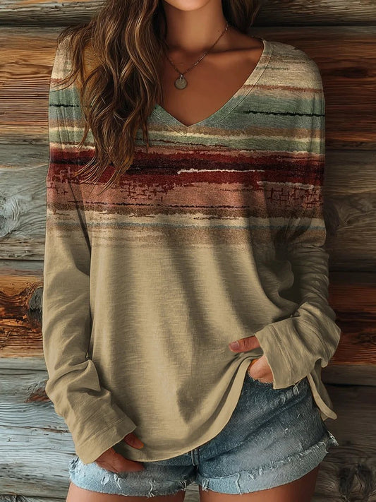 Women's Retro Textured Print Casual V-Neck Long Sleeve T-Shirt