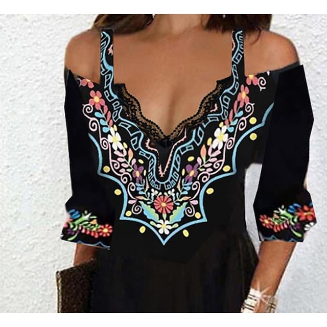 Women's Casual Dress Ethnic Dress Mini Dress Black Blue Brown Pure Color 3/4 Length Sleeve Summer Spring Fall Print Stylish V Neck 2023 S M L XL XXL 3XL