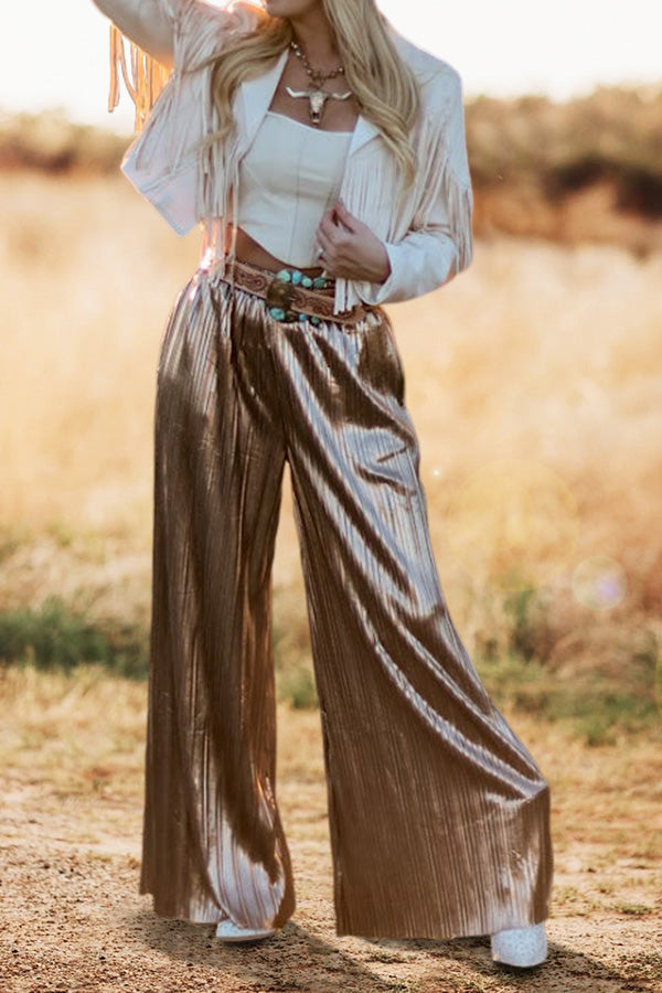 Shiny Pleated Wide-Leg High-Waisted Pants