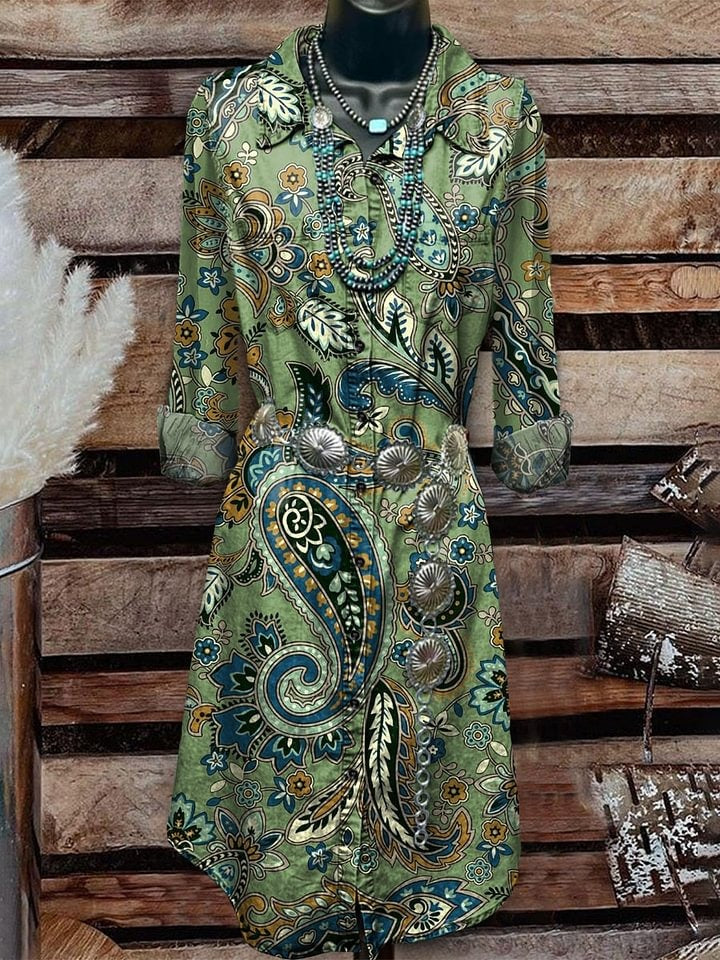 Vintage Paisley Print Casual  Cotton And Linen Shirt