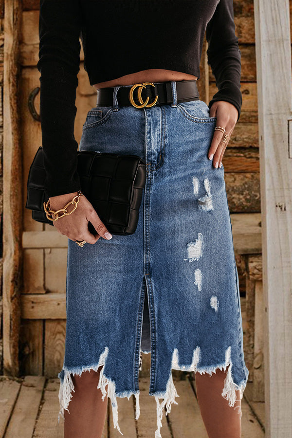 Retro Washed Irregular Ripped Tassel Denim Skirt