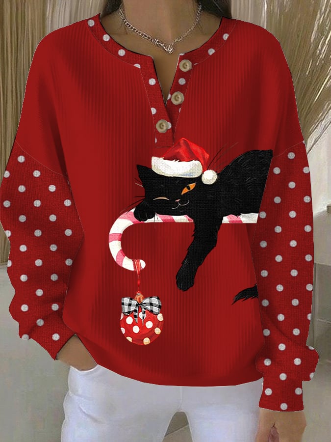Women's Christmas Cat Print Casual Sweatshirt