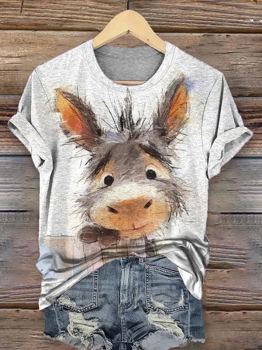 Vintage Cute Donkey Art Prints Casual T-shirt