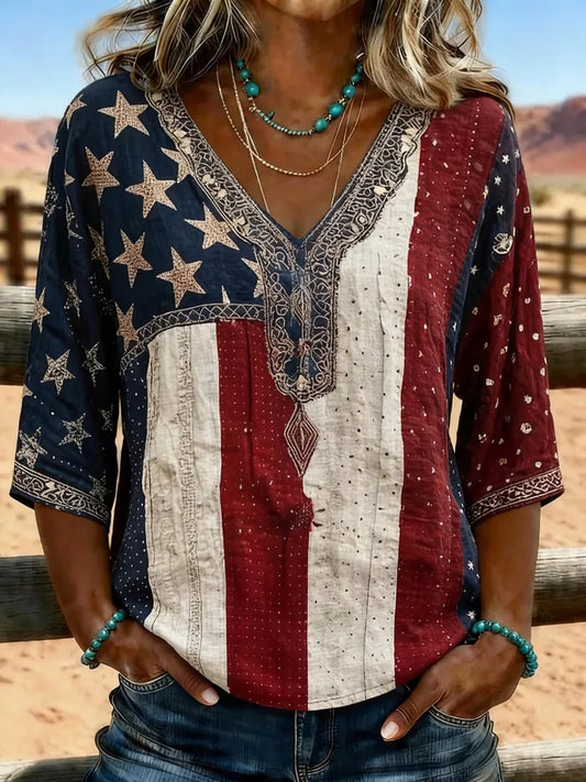 Women's Vintage American Flag Embroidered V-Neck Blouse