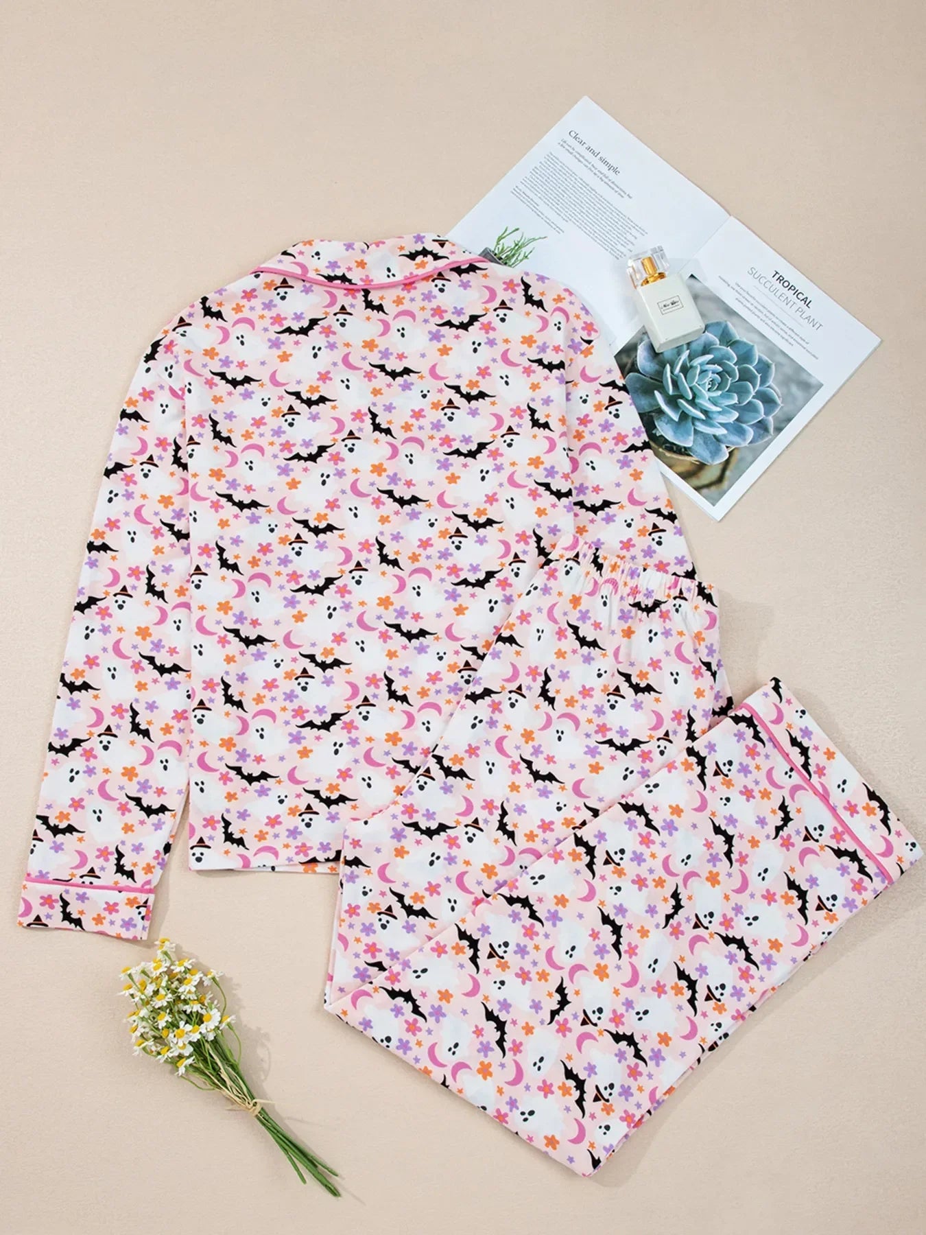 Halloween Ghost Print Button Up Top and Pants Lounge Set