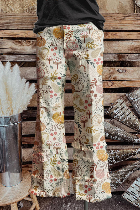 Cute Fall Vibe Floral Print Fringed Hem Pants