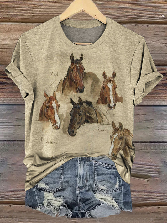 Vintage Horse Art Print Casual T-shirt