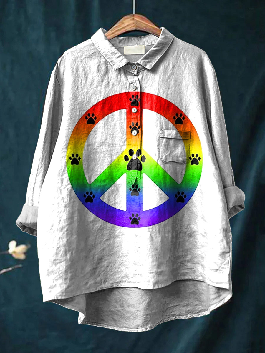 Love Peace And Animal Graphic Printed Women's Casual Cotton And Linen Shirt