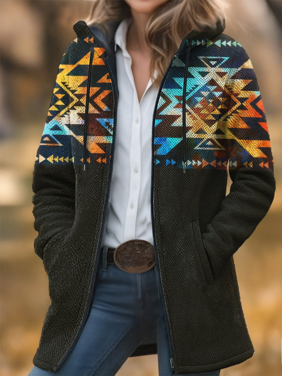 Aztec Print Unisex Plush Thick Long-Sleeved Cardigan Coat