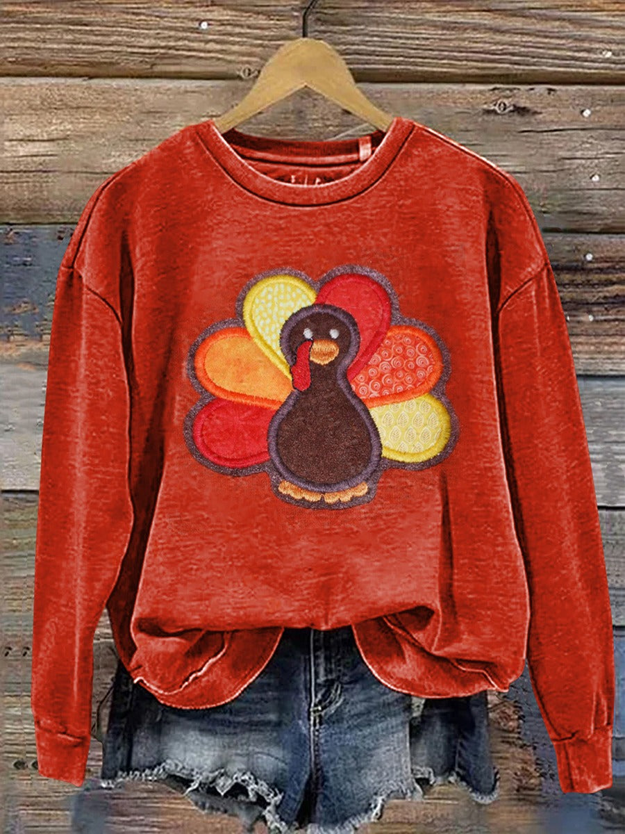 Vintage Patchwork Turkey Print Casual Cotton Sweatshirt