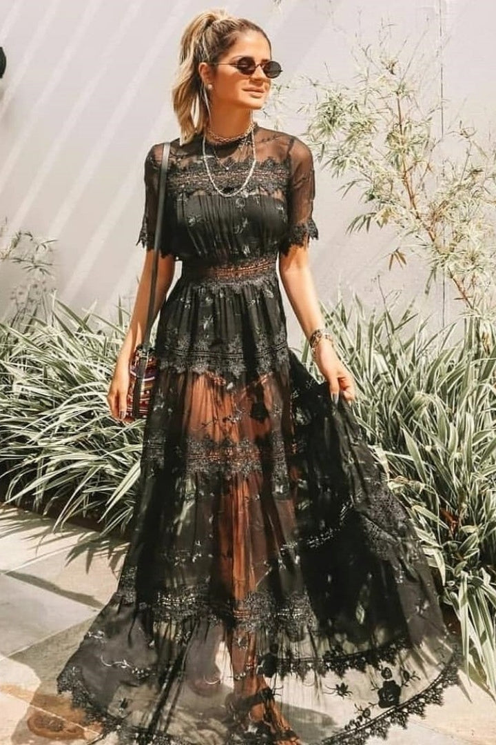 round Collar Gauze Lace Trim See-through Sexy Elegant Dress