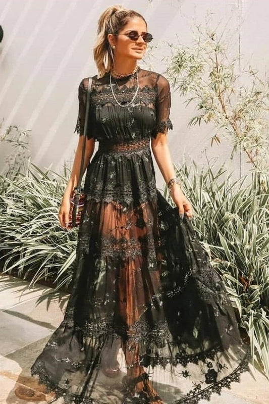 round Collar Gauze Lace Trim See-through Sexy Elegant Dress