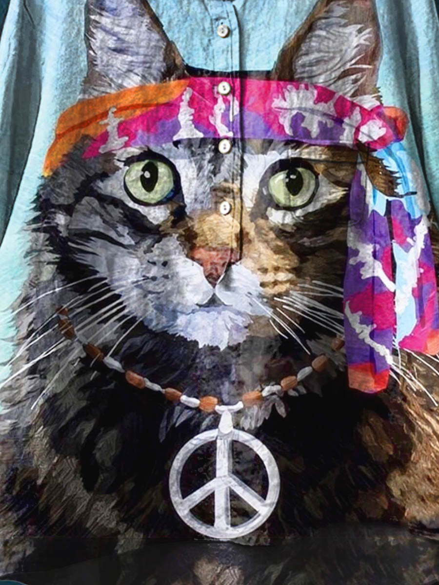 Peace And Love Cat Art Pattern Print Casual Cotton And Linen Shirt