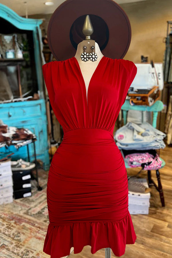 V-Neck Sleeveless Ruffled Hem Mini Dress