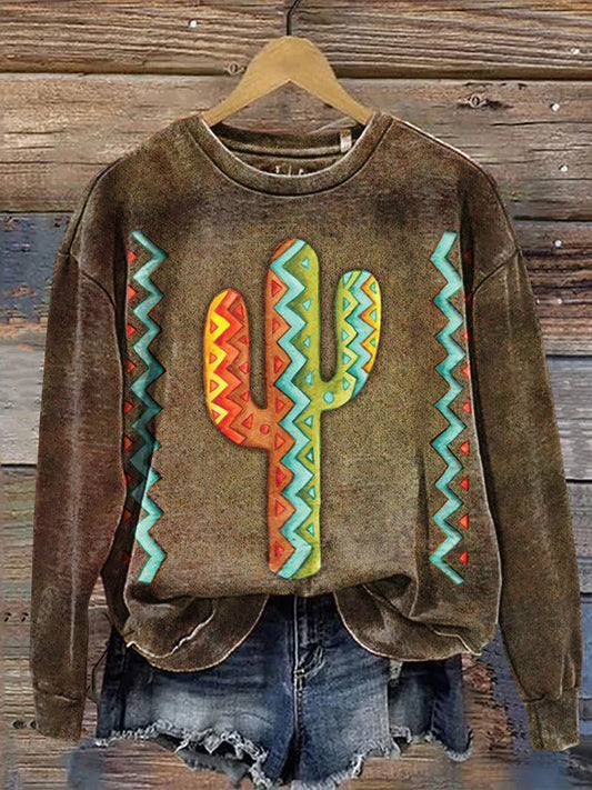 Cactus Print Crew Neck Casual Sweatshirt
