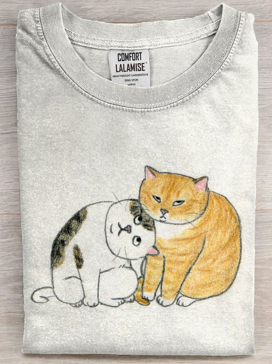 Funny Cats Friends Art Print Casual Short Sleeve T-shirt