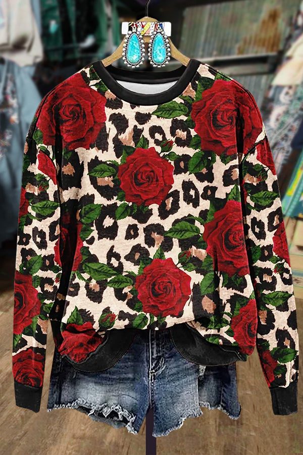 Leopard Rose Print Long Sleeve Sweatshirt