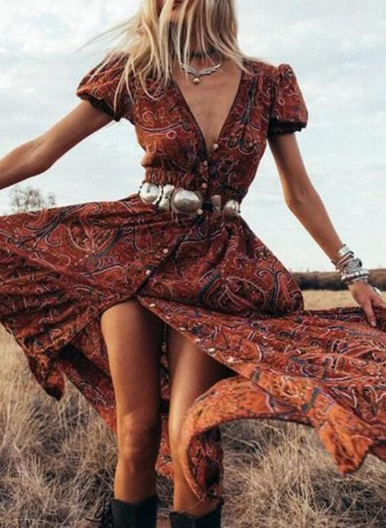 V-neck Short Sleeve Bohemian Holiday Dress