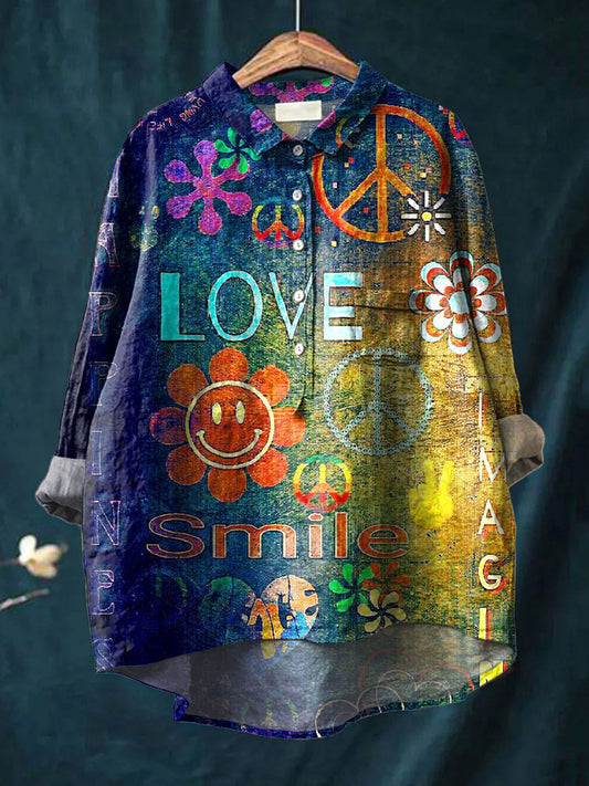 Peace And Love Art Print Casual Cotton And Linen Shirt