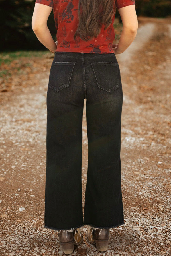 Washed Distressed High Waisted Flared Jeans