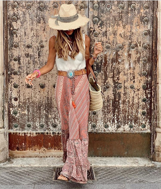 Bohemian Style Featured Printing Stitching Skirt