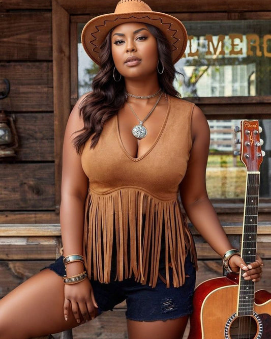Western V-neck Brown Tassel Vest